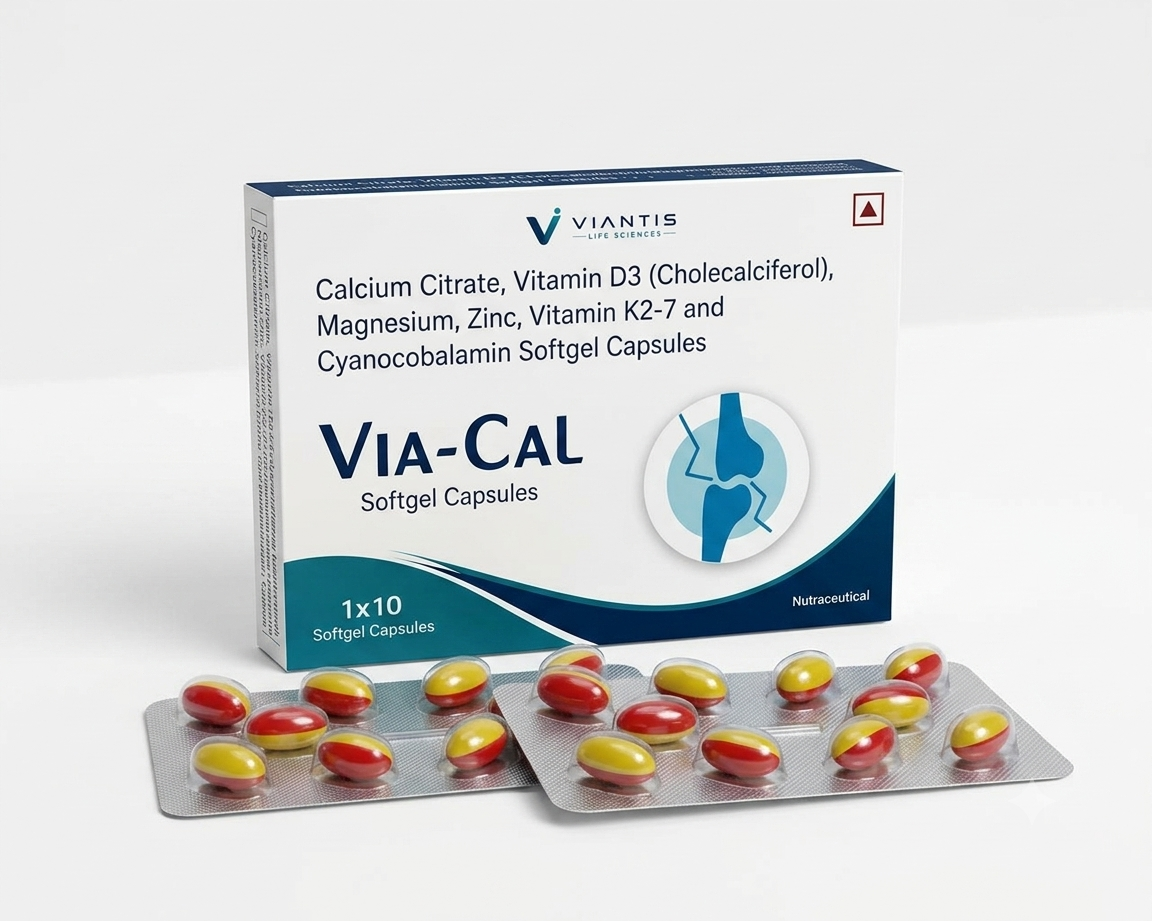 ViaCal Calcium Citrate, Vitamin D3, Magnesium, Zinc, Vitamin K2-7 and Vitamin B12 softgel capsules by Viantis Lifesciences